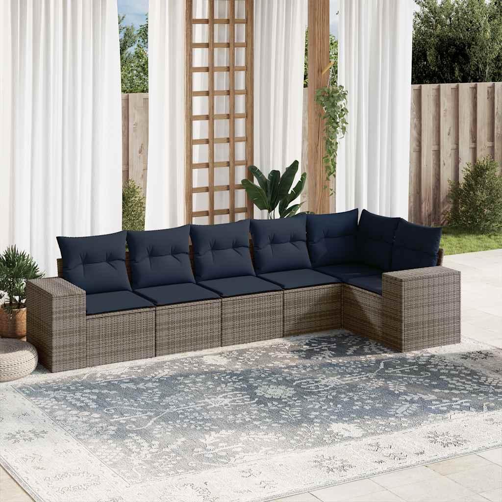 Havesofasæt i 6 dele med hynder - grå polyrattan, marineblå puder