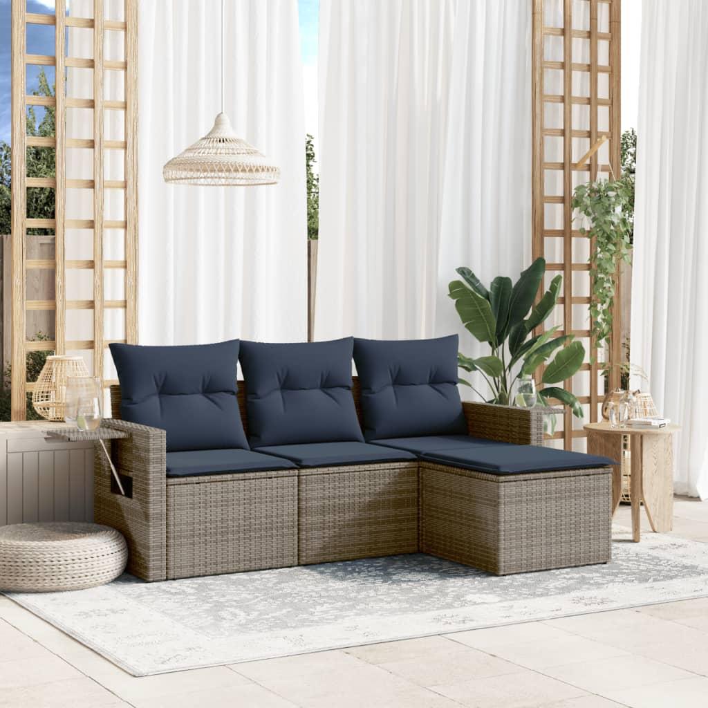 Havesofasæt med 4 dele og hynder grå polyrattan