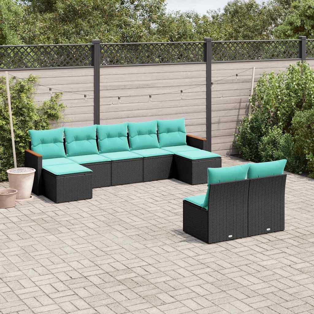 Havesofasæt i sort polyrattan med 9 dele og blå hynder
