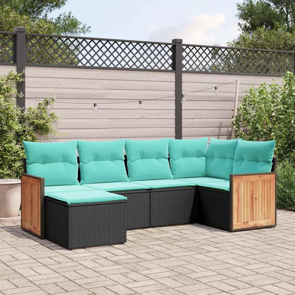 Havesofasæt i sort polyrattan med 6 blå hynder - modulært hjørnesæt
