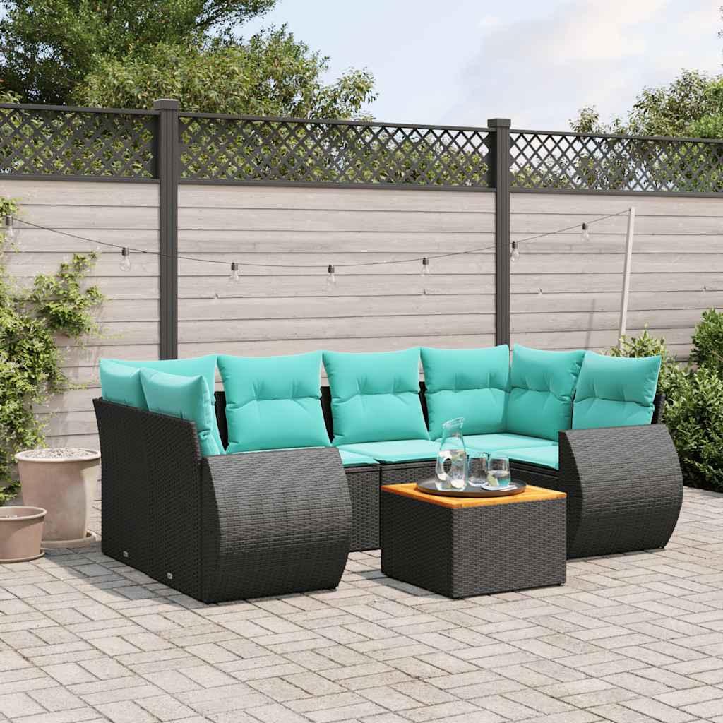 Havesofasæt i sort polyrattan med 7 blå hynder - modulært loungesæt