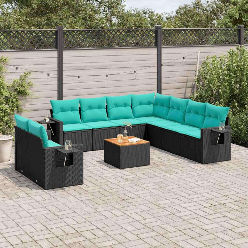 Havesofasæt i sort polyrattan med 10 blå hynder - modulært loungesæt med bord