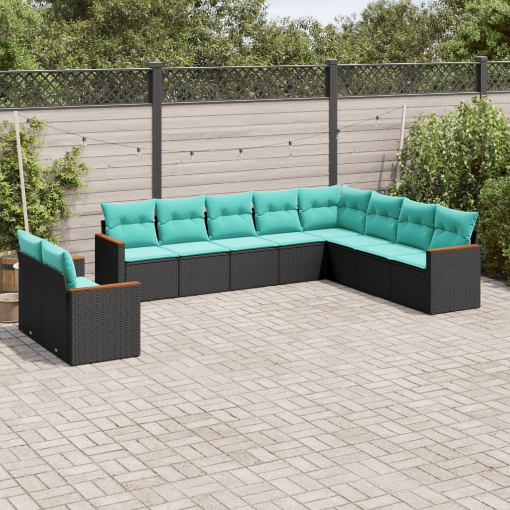 Havesofasæt i sort polyrattan med 10 blå hynder - modulopbygget