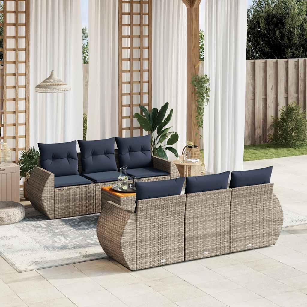 Havesofasæt i polyrattan - 7 dele med marineblå hynder, grå