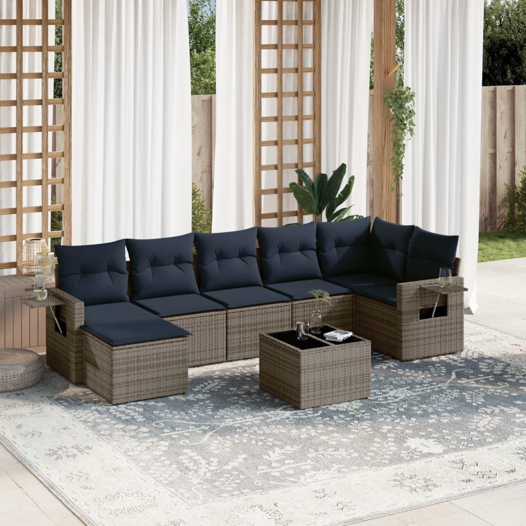 Havesofasæt i grå polyrattan med 8 marineblå hynder - modulær lounge med bord