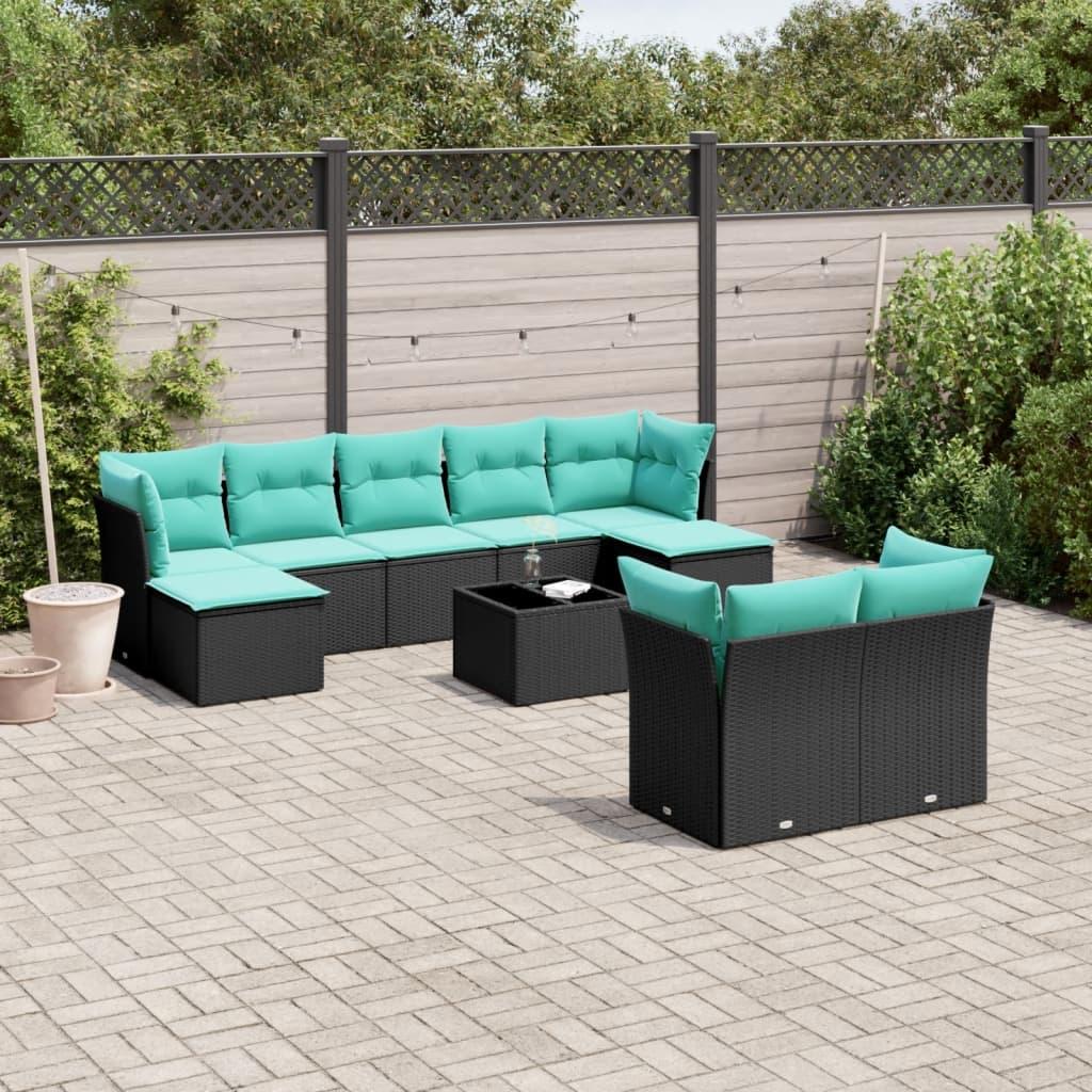 Havesofasæt i sort polyrattan med 10 blå hynder - modulopbygget loungesæt med glasbord