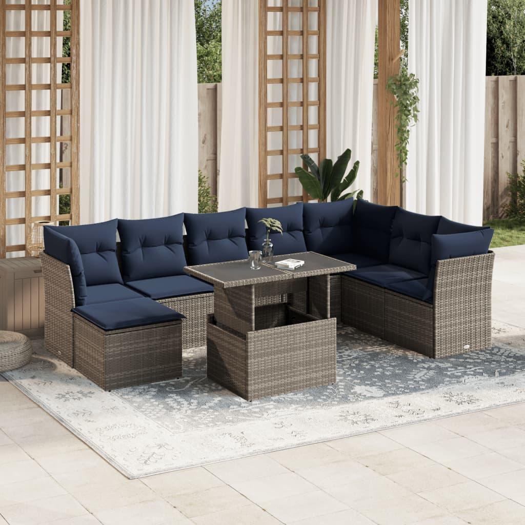 Havesofasæt i grå polyrattan med marineblå hynder - 9 dele, løftebord