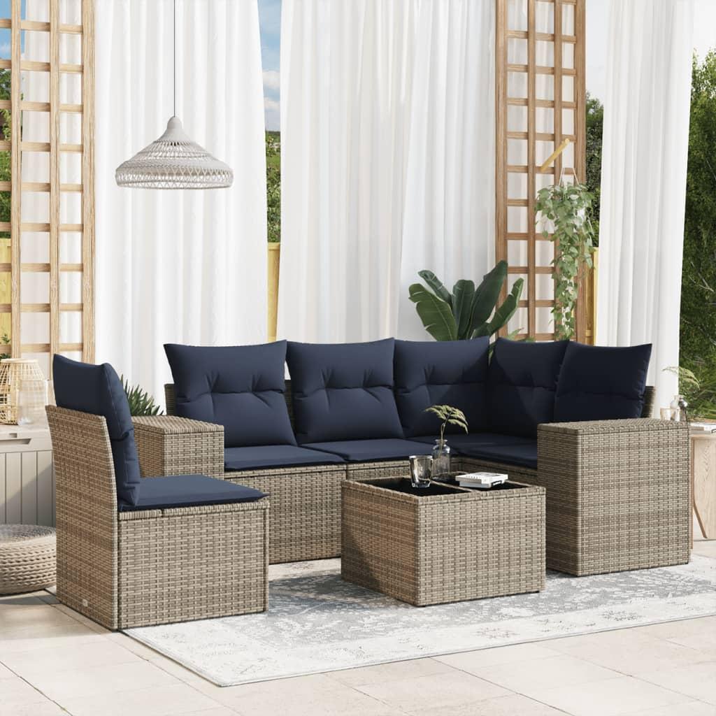 Havesofasæt i 6 dele med hynder - grå polyrattan, marineblå puder