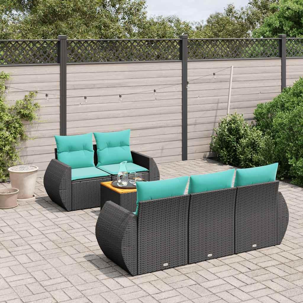 Havesofasæt i sort polyrattan med 6 blå hynder - modulopbygget loungesæt