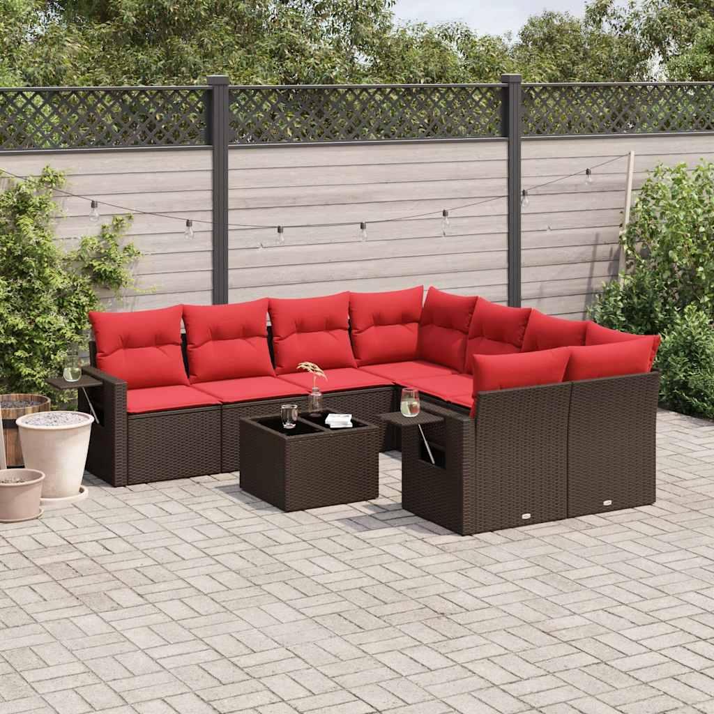 Havesofasæt i brun polyrattan med røde hynder - 9 dele