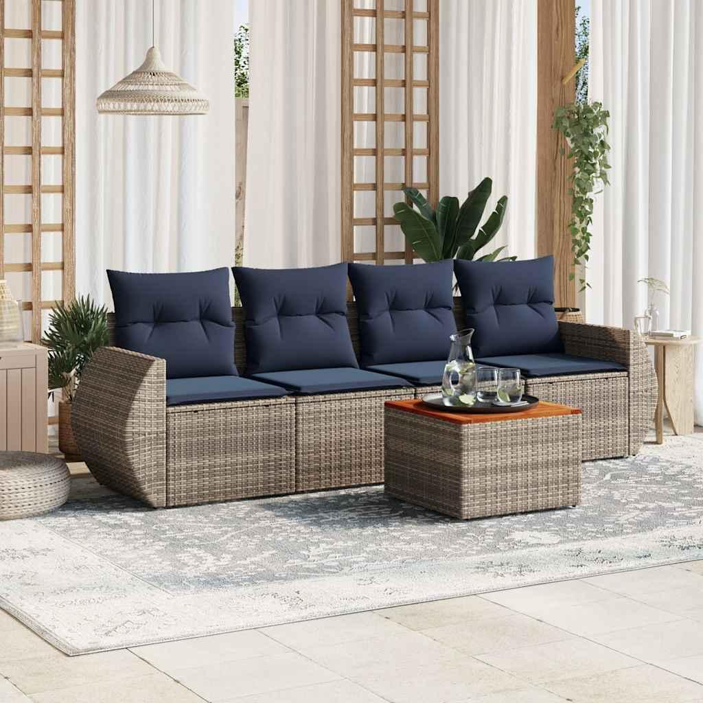 Havesofasæt med 5 dele og hynder grå polyrattan