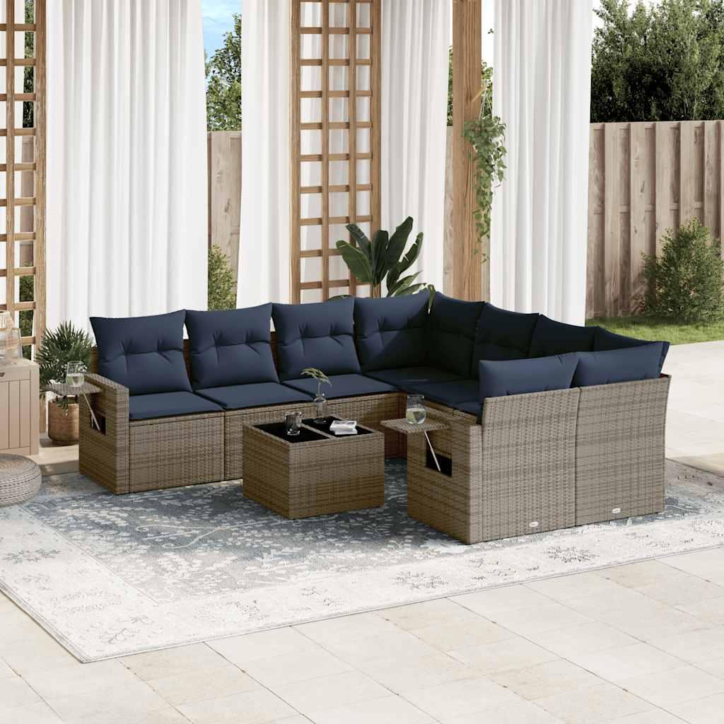 Havesofasæt med 9 dele i grå polyrattan med marineblå hynder
