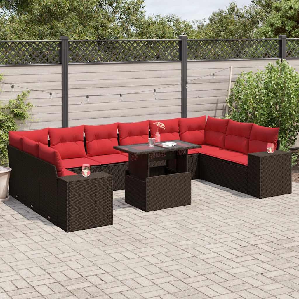 11-delt havesofasæt i brun polyrattan med røde hynder - modulopbygget loungesæt med løftbart bord