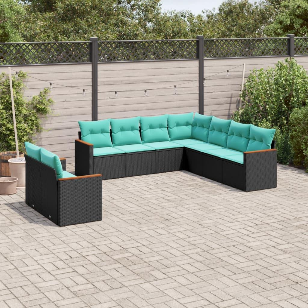 Havesofasæt i sort polyrattan med 9 dele og blå hynder