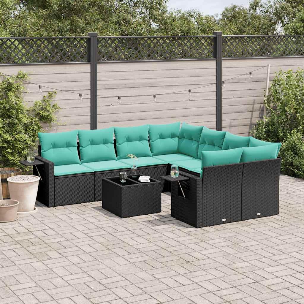 Havesofasæt i sort polyrattan med blå hynder - 9 dele