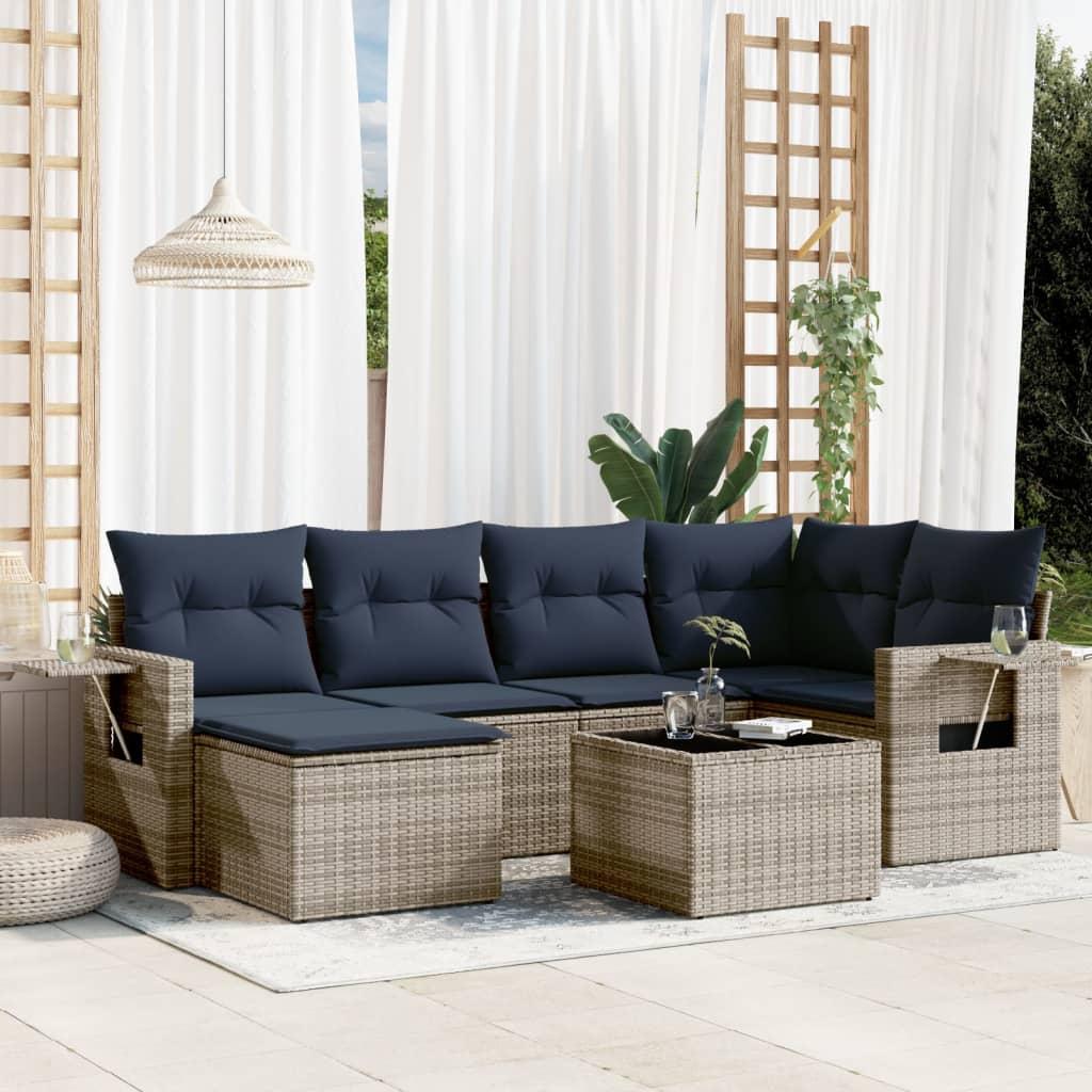 Havesofasæt i 7 dele med marineblå hynder - grå polyrattan