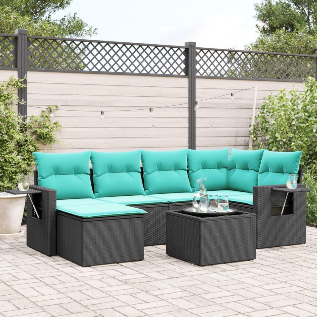 Havesofasæt i sort polyrattan med 7 blå hynder - modulært loungesæt