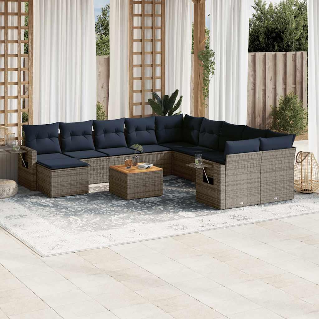 12-delt havesofasæt i grå polyrattan med marineblå hynder
