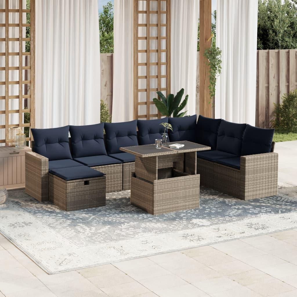 Havesofasæt i grå polyrattan - 9 dele med marineblå hynder og hæve/sænke-bord