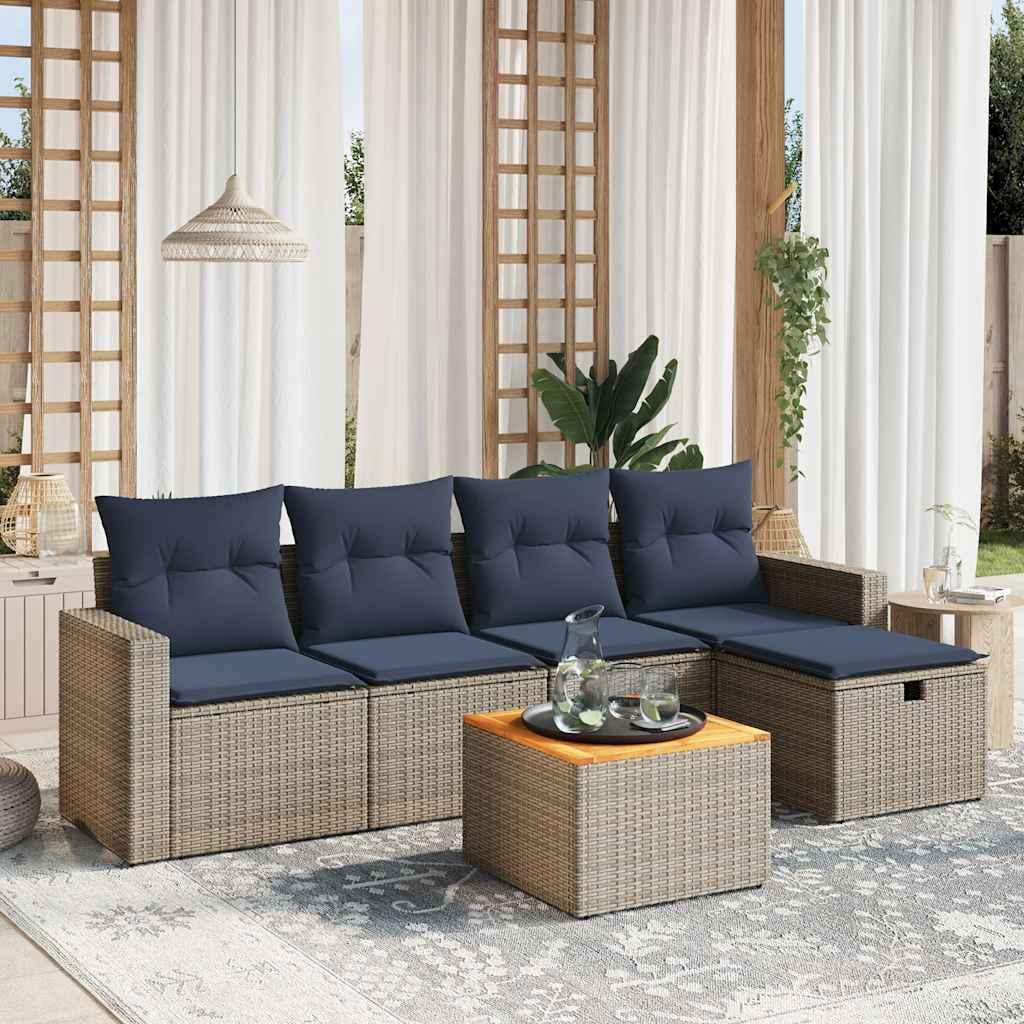 Havesofasæt i grå polyrattan med hynder - 6 dele, modulært loungesæt