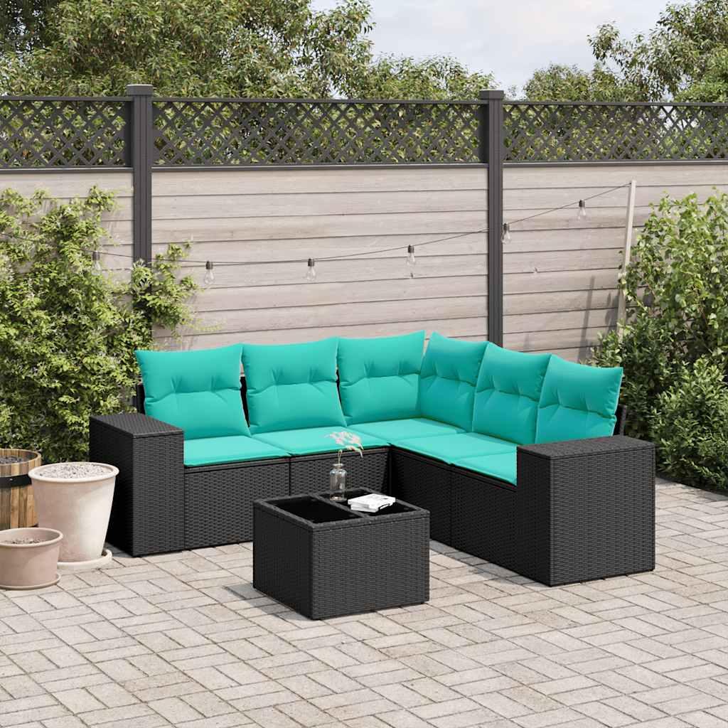 Havesofasæt i sort polyrattan med 6 blå hynder - modulært hjørnesæt