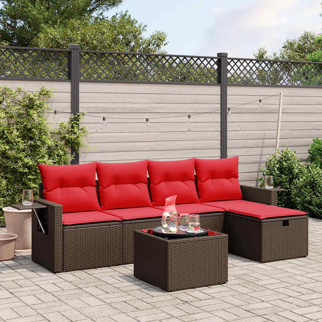 Havesofasæt i brun polyrattan med 6 røde hynder - modulært loungesæt med bord