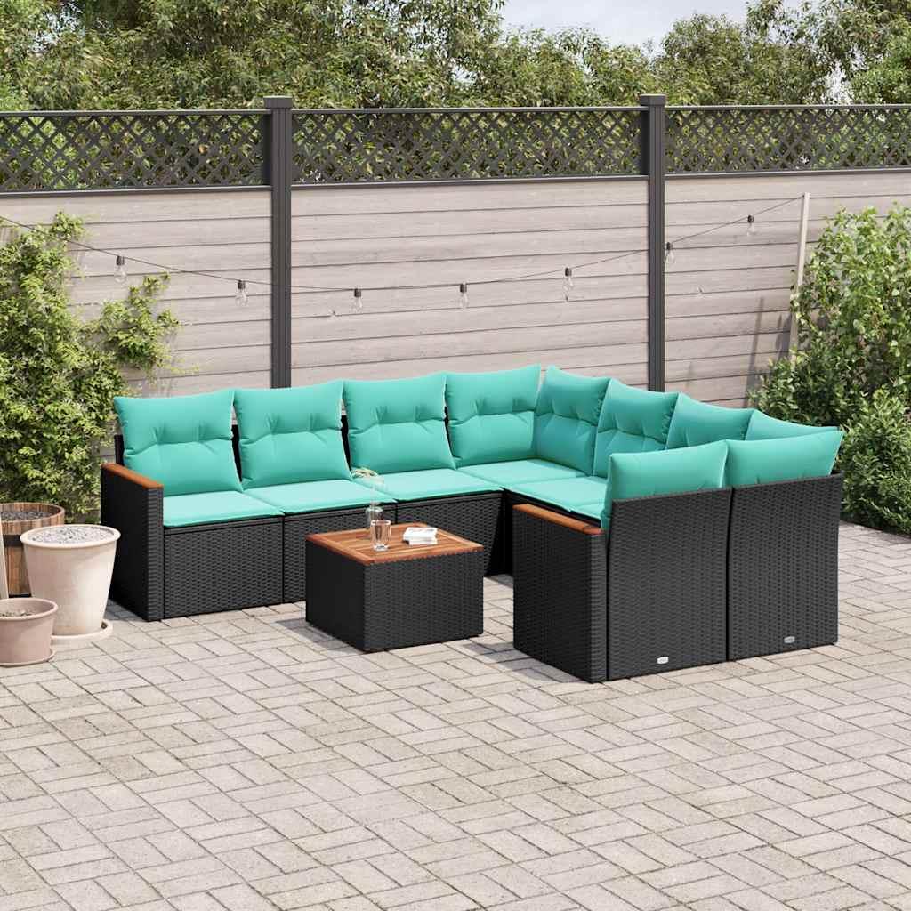 Havesofasæt i polyrattan - 9 dele med blå hynder, sort