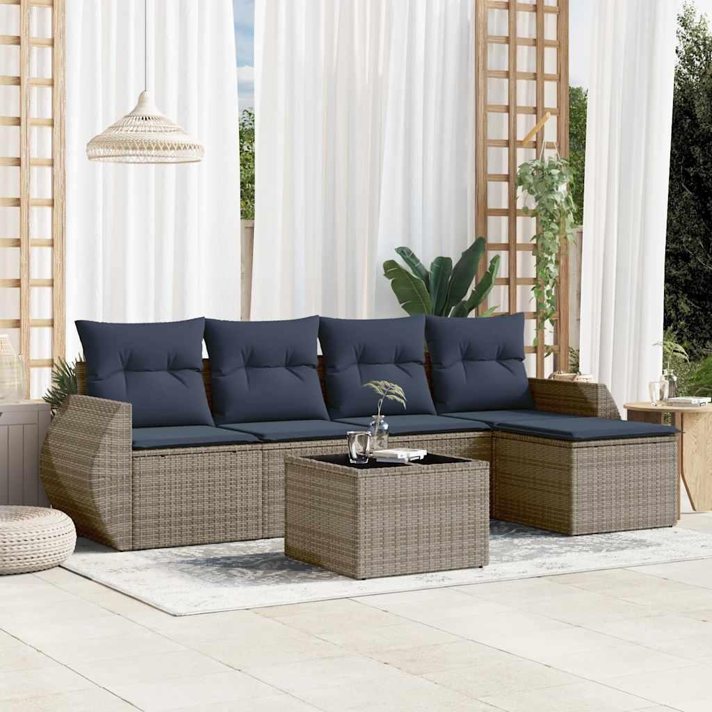 Havesofasæt i grå polyrattan med hynder - 6 dele