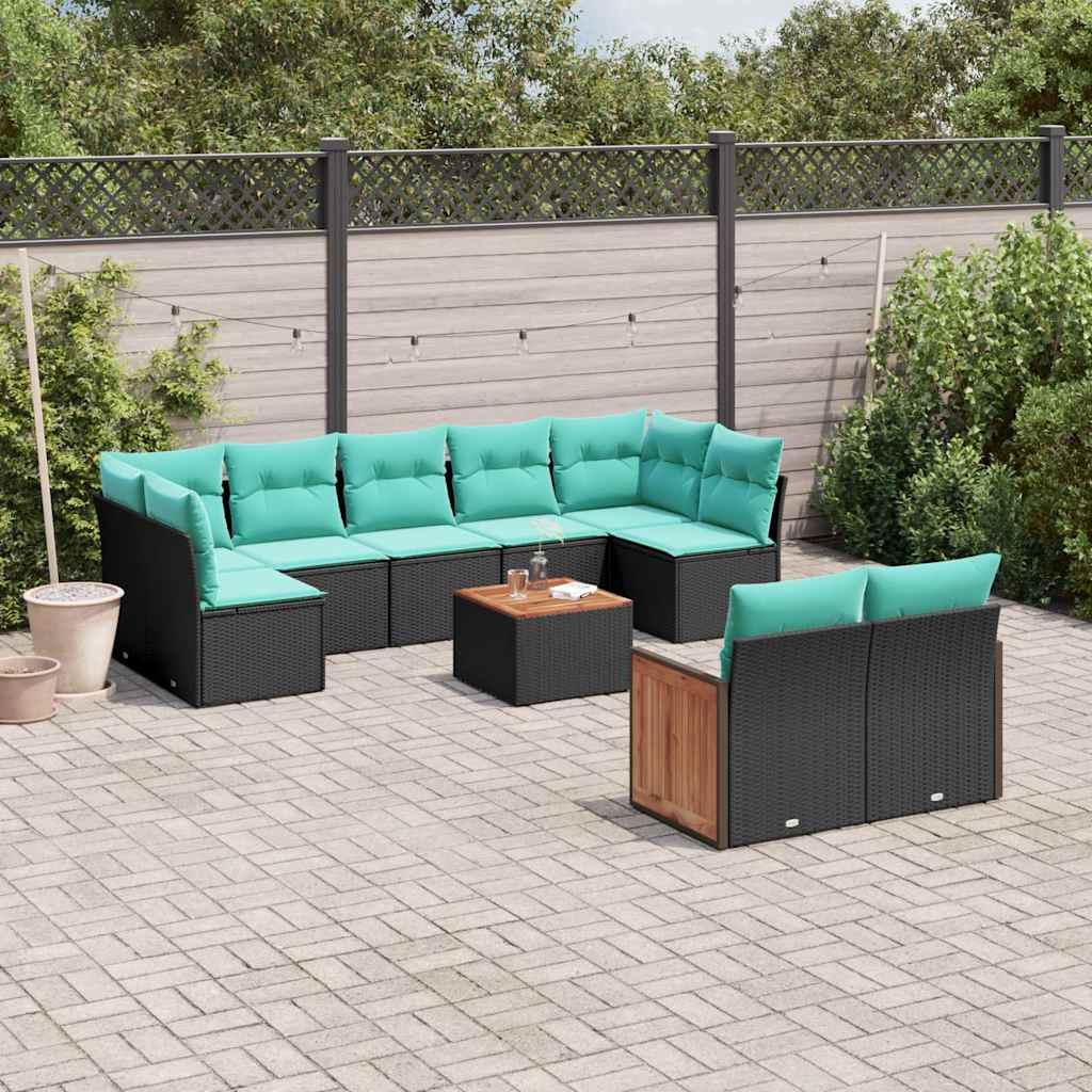 Havesofasæt i sort polyrattan med 10 blå hynder - modulært loungesæt med bord