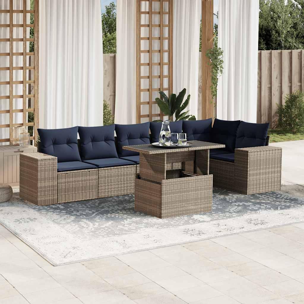 Havesofasæt i grå polyrattan - 7 dele med marineblå hynder og højdejusterbart bord