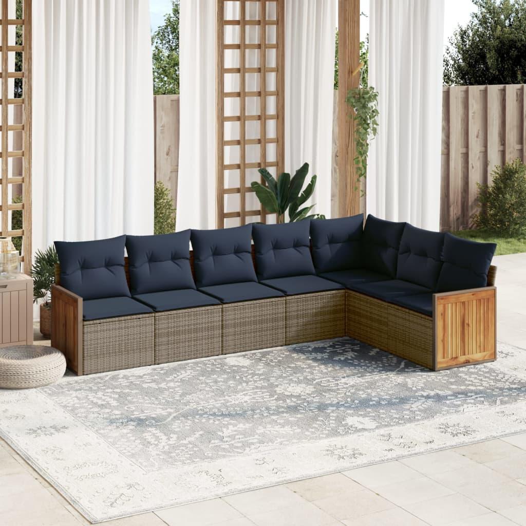 Havesofasæt i grå polyrattan - 7 dele med marineblå hynder
