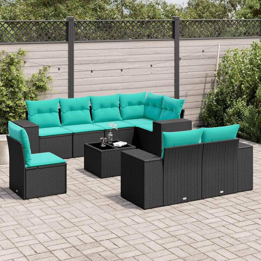 Havesofasæt i polyrattan - 9 dele med blå hynder, sort