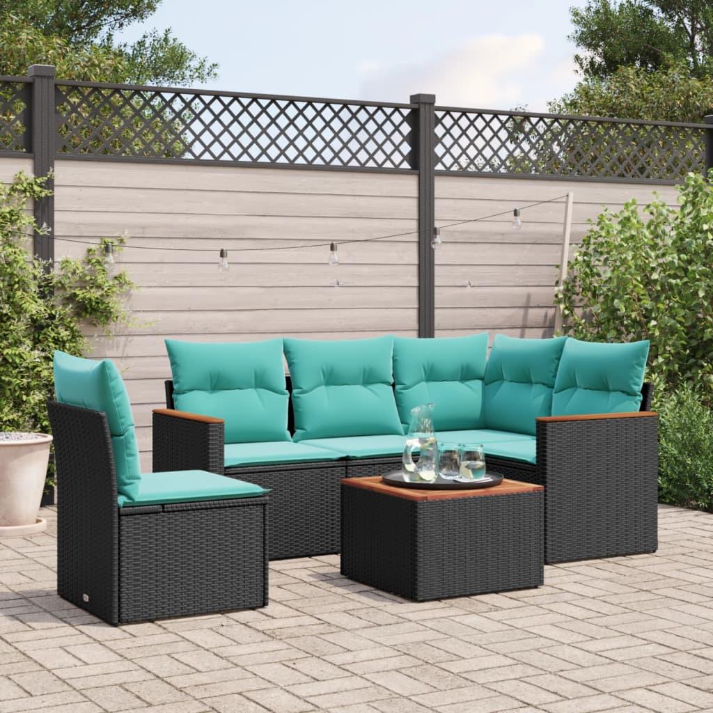 Havesofasæt i sort polyrattan med 6 blå hynder - modulopbygget loungesæt