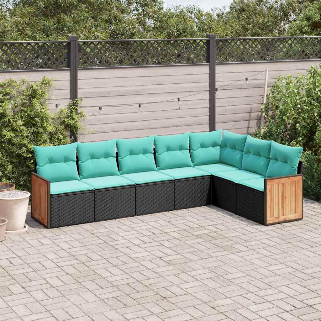 Havesofasæt i sort polyrattan med 7 blå hynder - modulært hjørnesæt