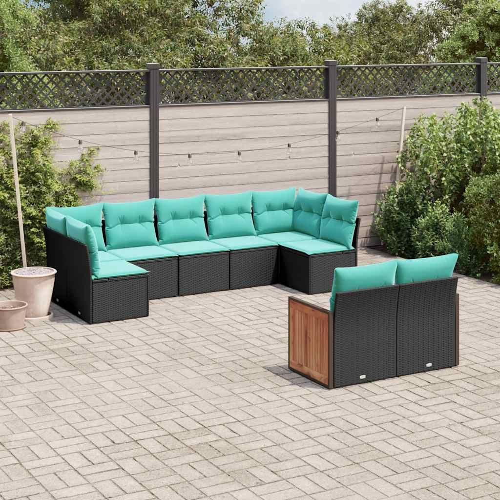 Havesofasæt i polyrattan - 9 dele med blå hynder, sort