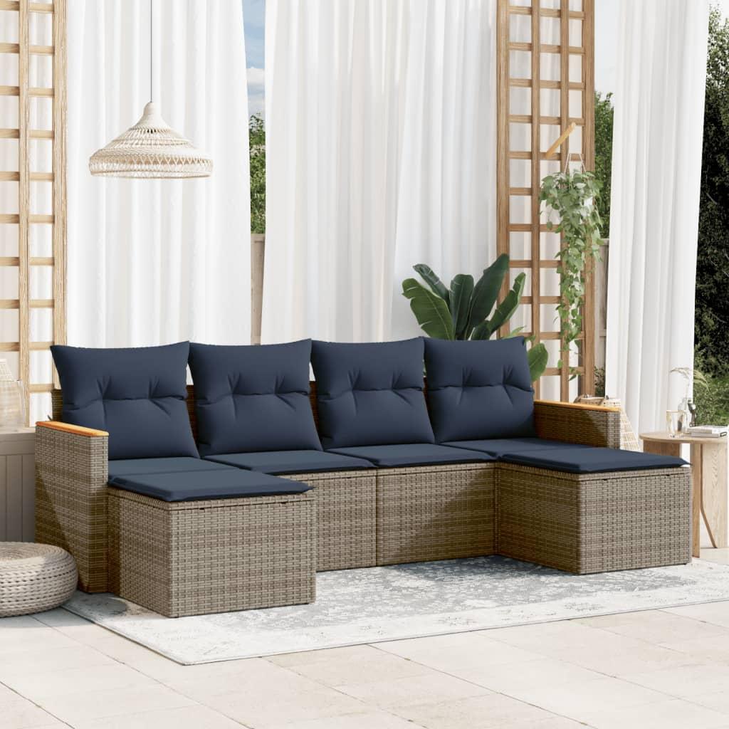 Havesofasæt med 6 dele og hynder - grå polyrattan, marineblå hynder