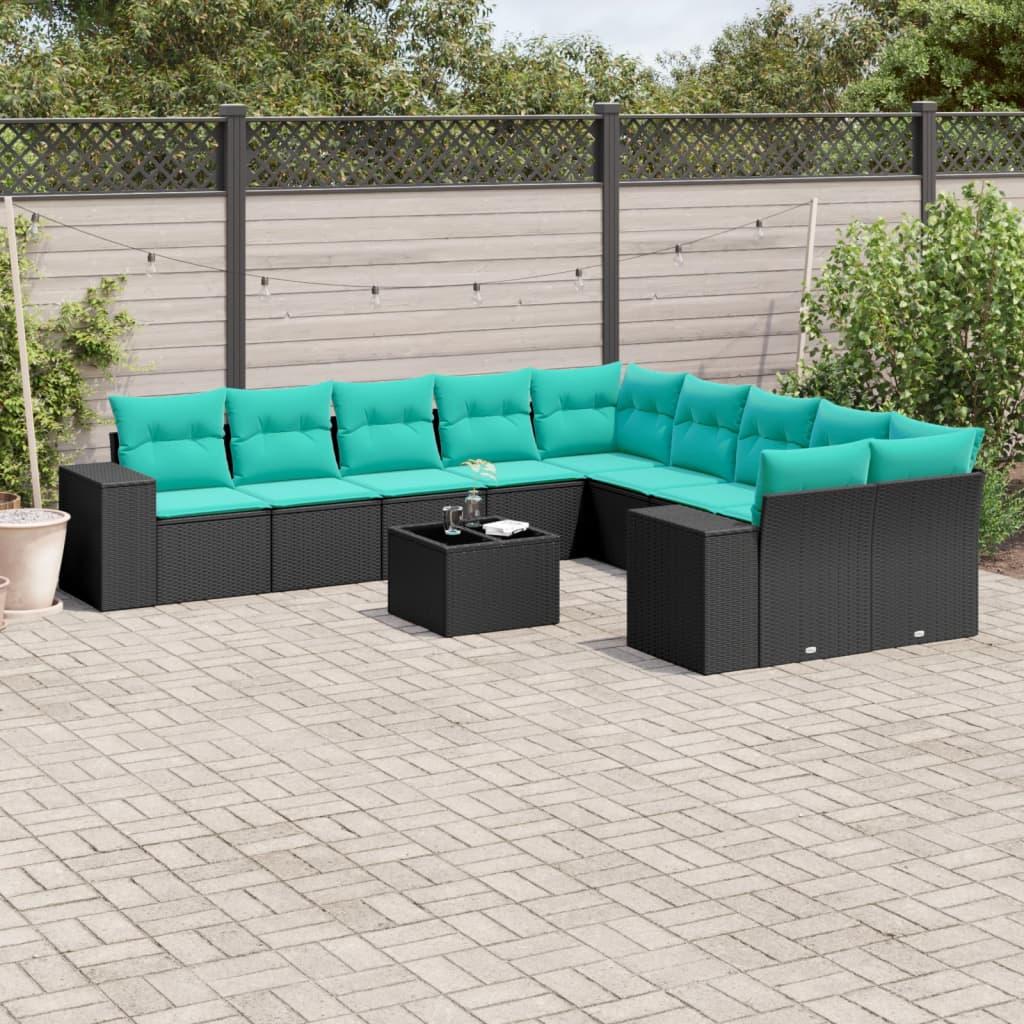 vidaXL 11-delt havesofasæt med hynder sort polyrattan