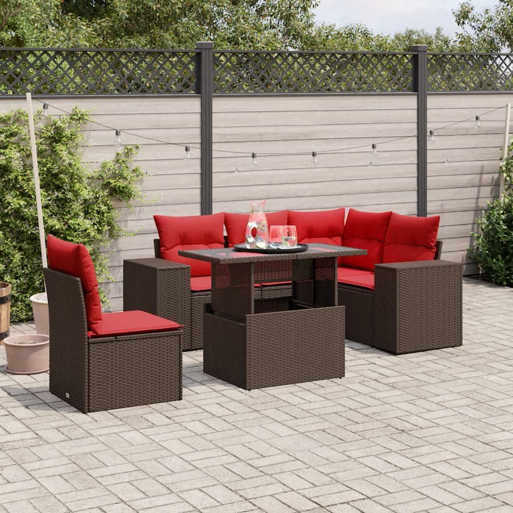 Havesofasæt i brun polyrattan med løftebord - 6 røde hynder