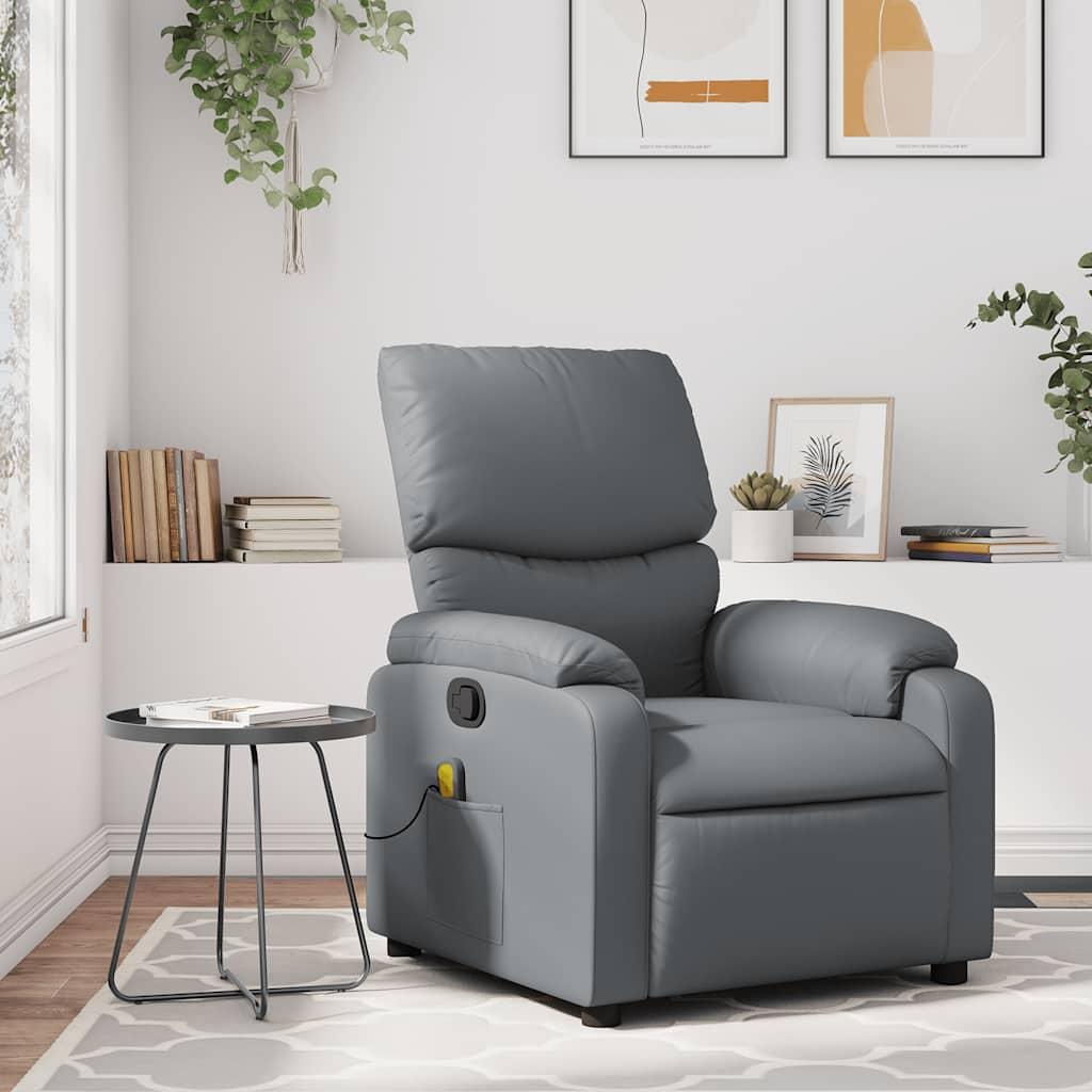 Massagestol i gråt kunstlæder - manuel recliner med 6-punkts vibration