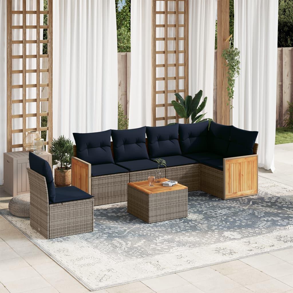 Havesofasæt i grå polyrattan - 7 dele med marineblå hynder