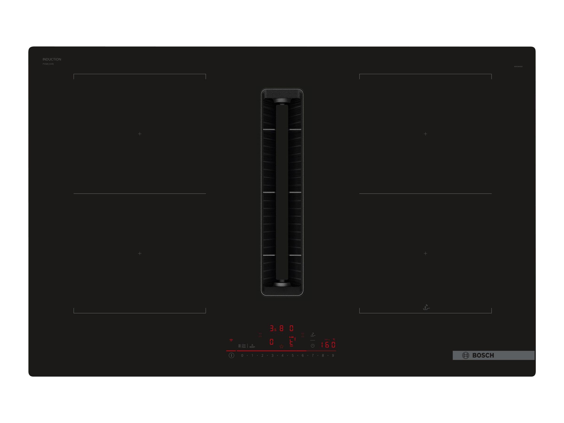 Bosch Serie | 6 PVQ811H26E - Induktions kogeplade - 4 plader - Niche - bredde: 75 cm - dybde: 49 cm - Klasse B - rammeløs - sort med downdraft-udstød