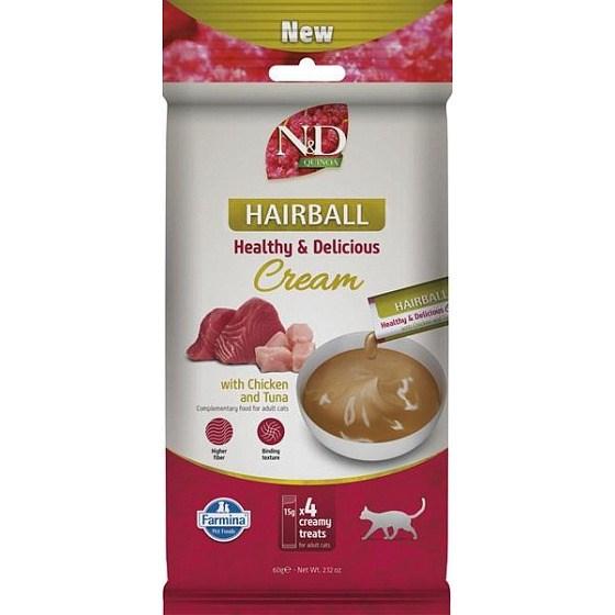 Farmina N&D Quinoa Hairball Cream til kat - kylling & tun, 4×15 g