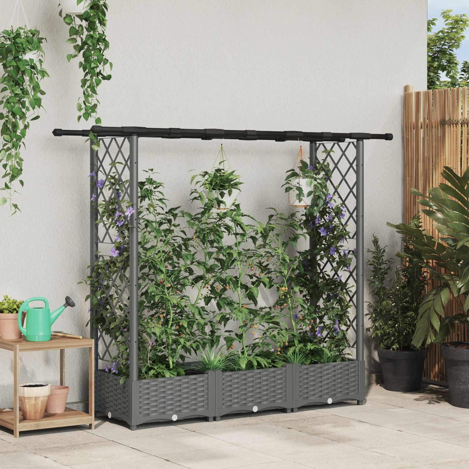 Hævet bed med trellis og tag - lysegrå 164 × 40 × 121 cm (PP)
