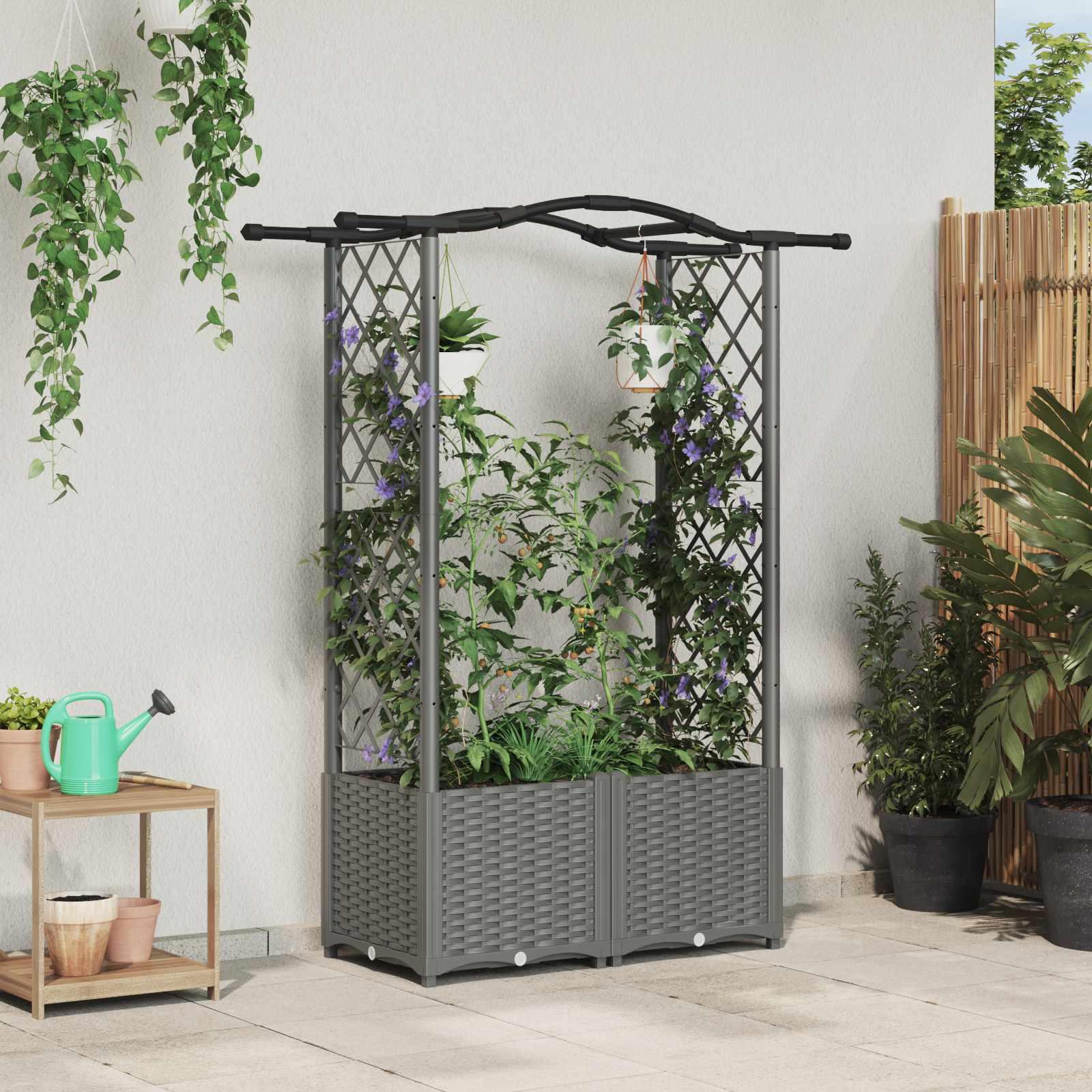 Hævet bed med trellis og buet tag - lysegrå 125 × 40 × 138 cm (PP)