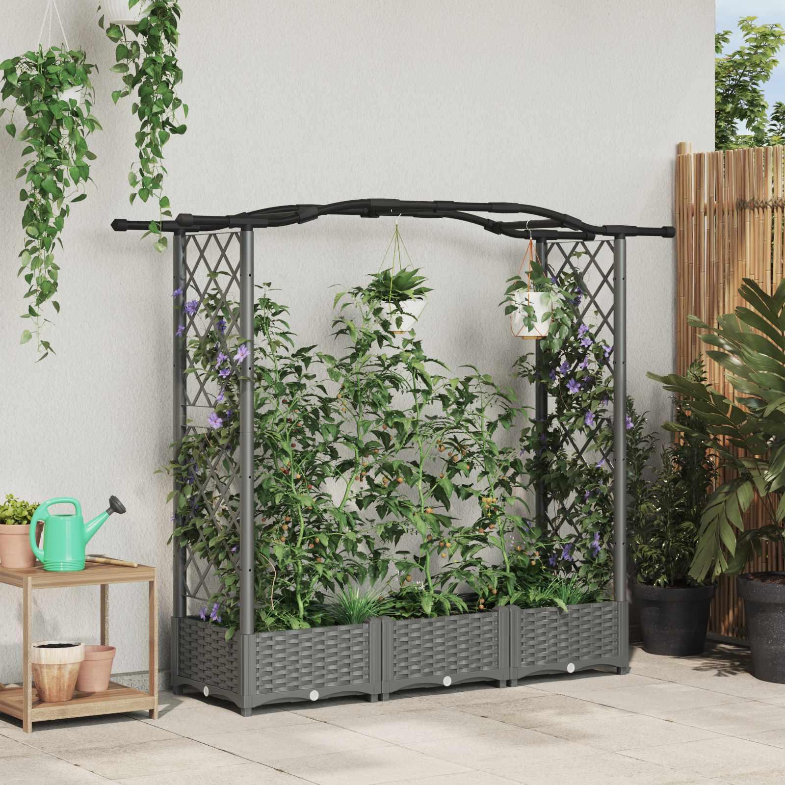 Hævet bed med trellis og buet tag - lysegrå 169 × 40 × 123 cm (PP)