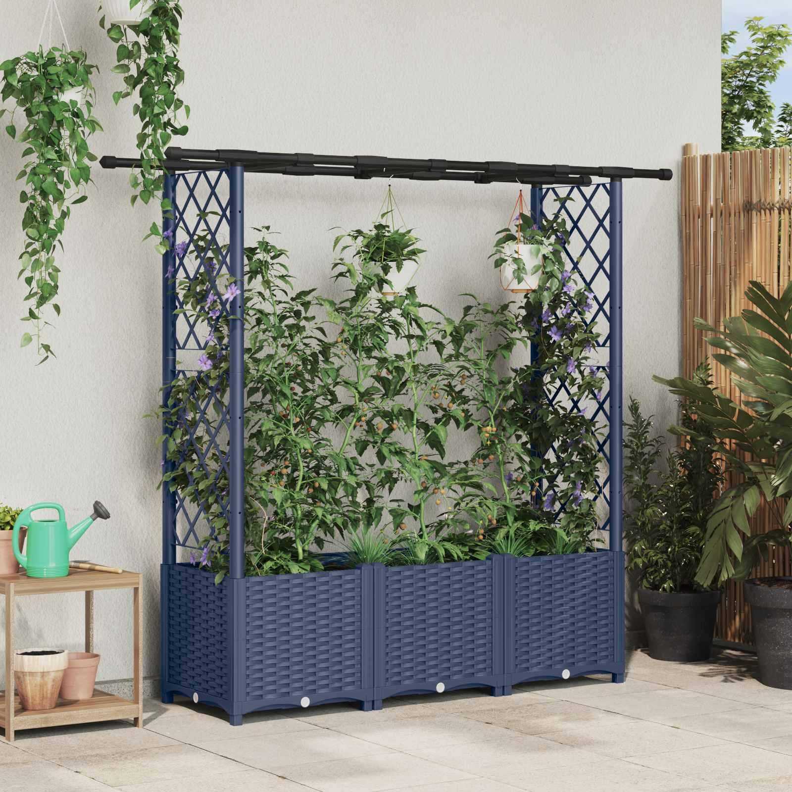 Hævet bed med trellis og tag - grå 162,5 × 40 × 136 cm (PP)