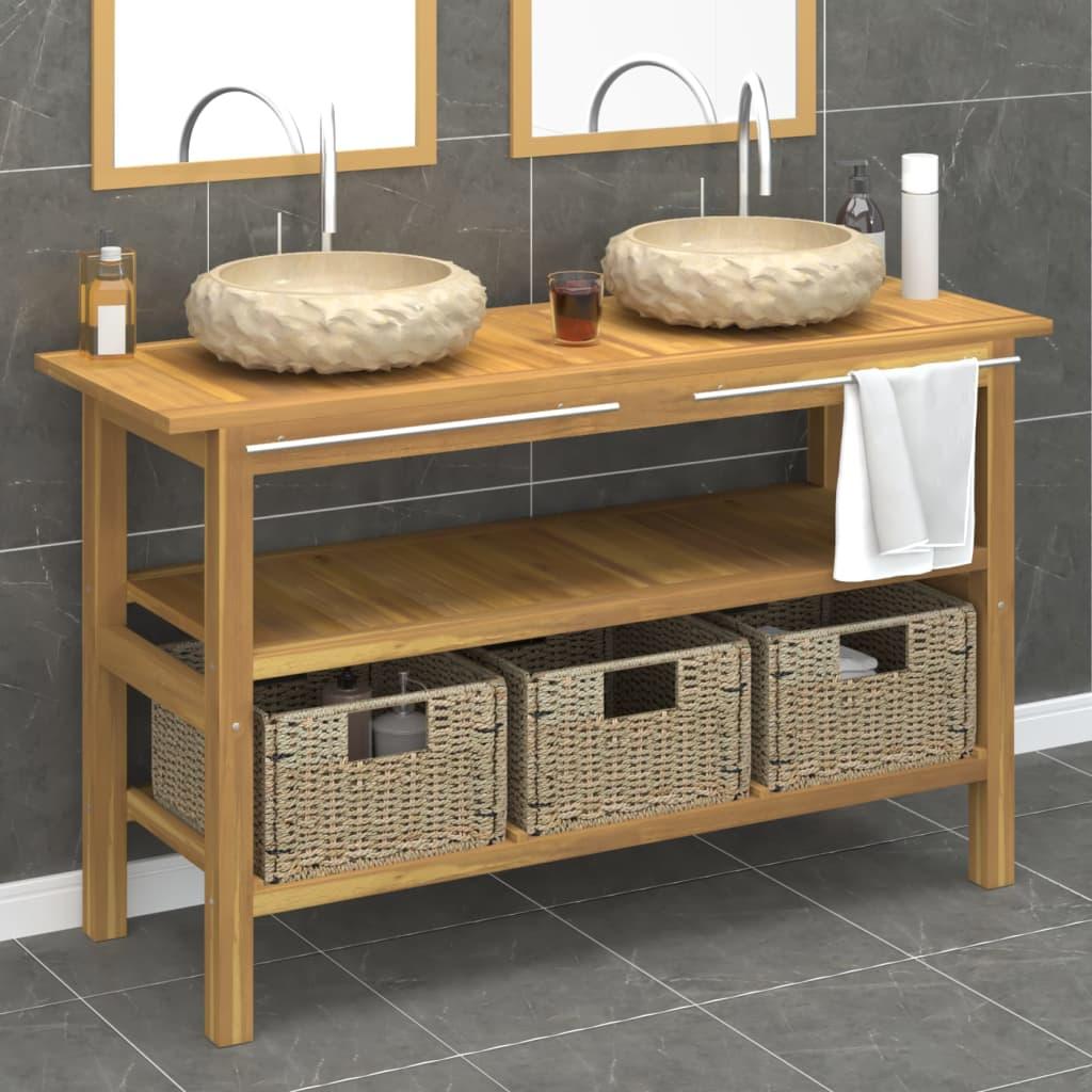 Badeværelsesskab i massivt teak med cremefarvede marmorhåndvaske - 132 × 45 × 75 cm