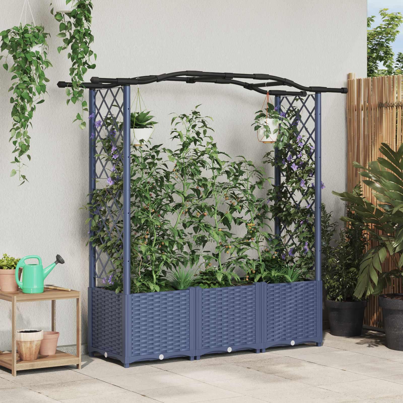 Hævet Bed med Trellis og Tag Grå 164 x 40 x 142 cm PP