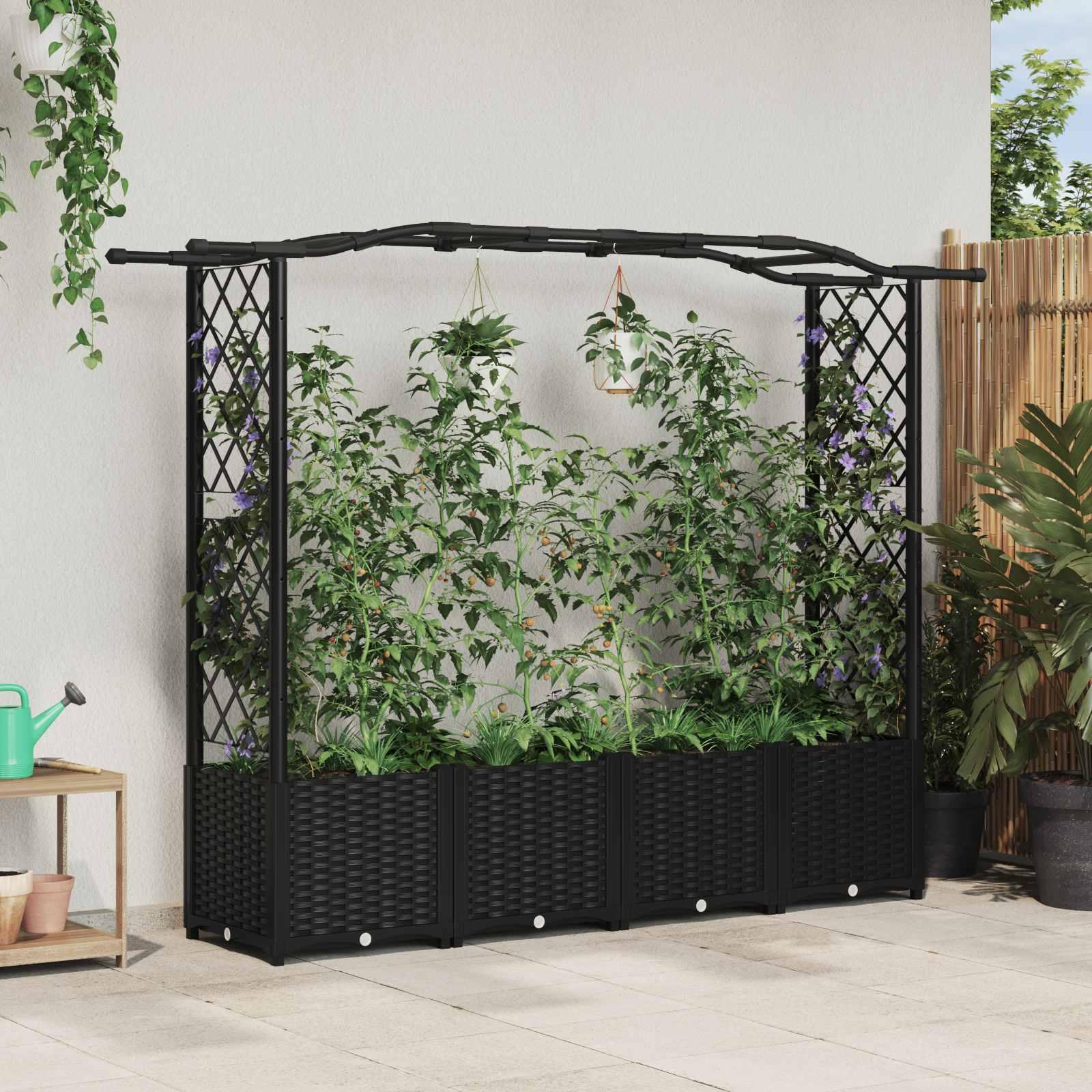 Hævet Bed med Trellis og Tag Sort 204 x 40 x 141 cm PP