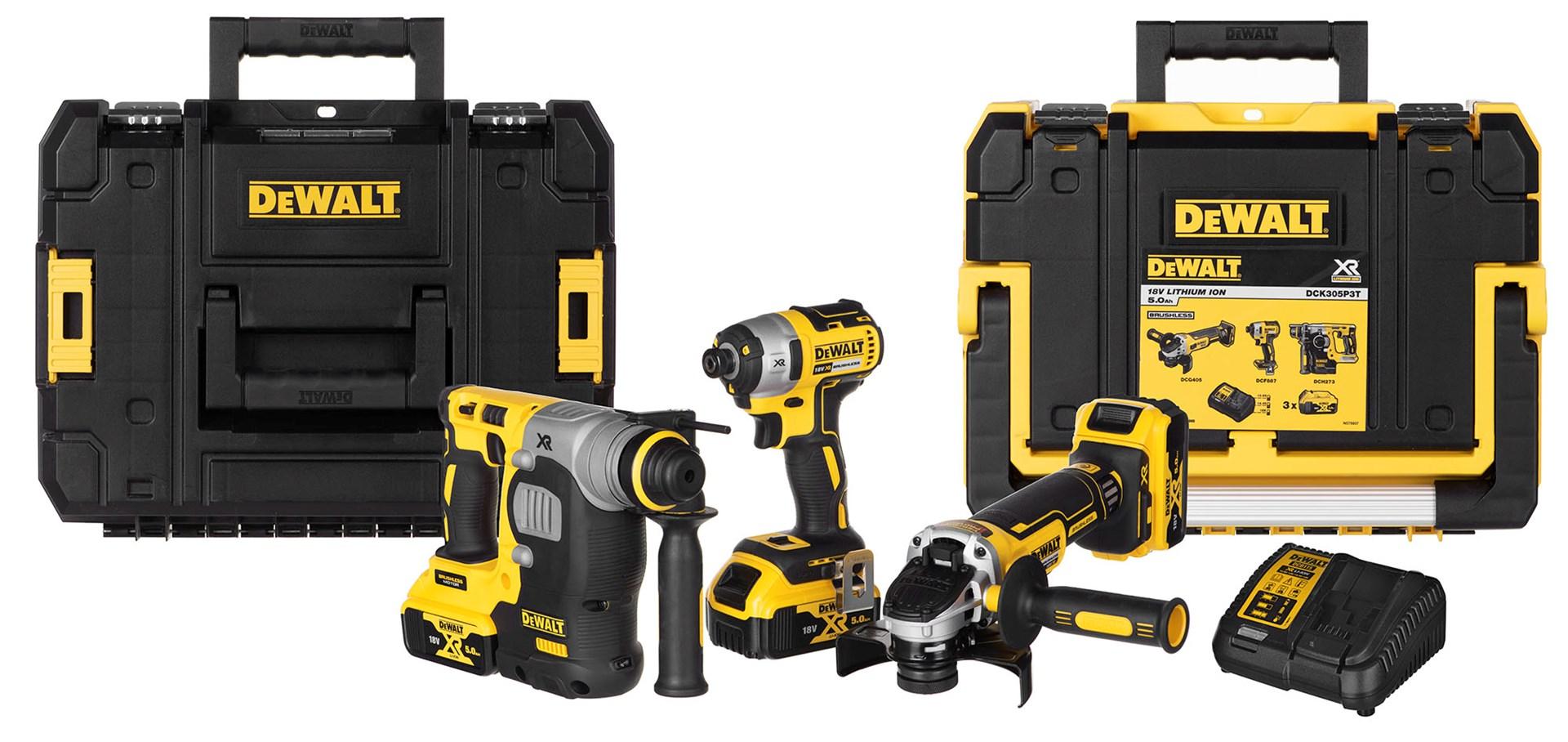 DeWALT DCK305P3T XR 18V kombosæt - slagsskruer, borehammer og vinkelsliber (3x 5,0 Ah)
